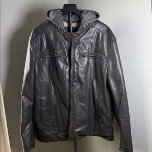 Tommy Hilfiger Men's Faux Leather Jacket with Hood: XXL